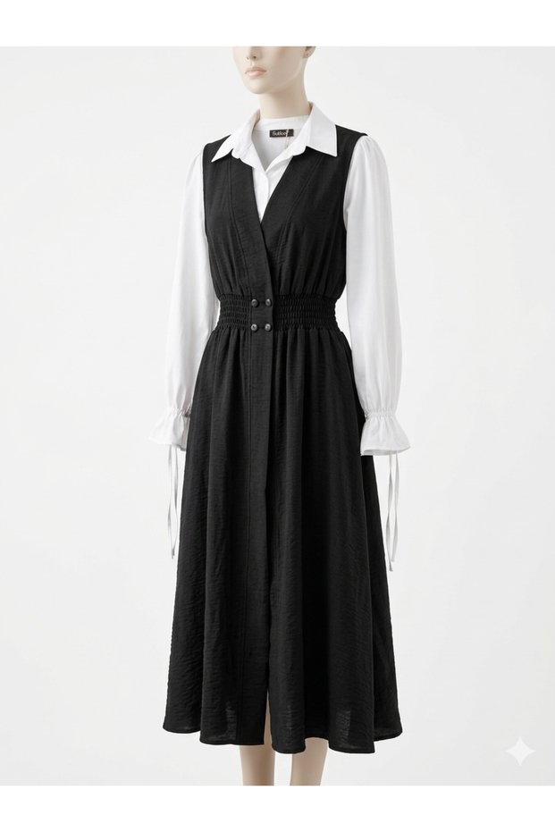 Women's Shirted Gilet Set - Sleeveless Dress with Gathered Waist Detail and White Shirt Set