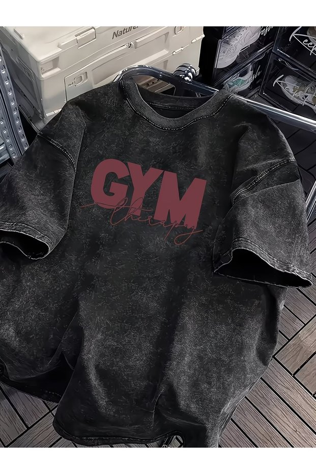 Men's Gym Written Black T-Shirt 100% Cotton Minimal Sport Streetwear Oversize