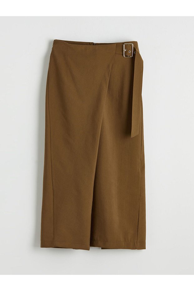 New season from gulis gi̇yi̇m khaki waist belted skirt with buckle detail