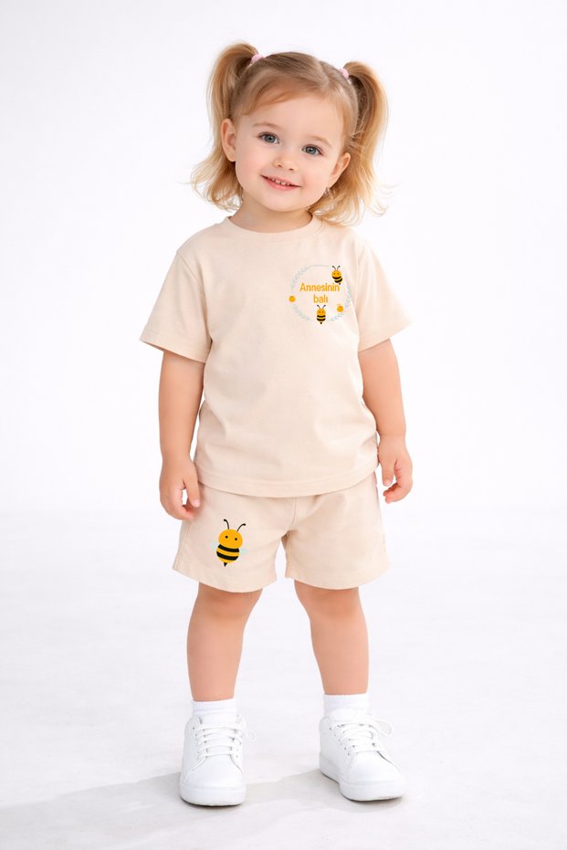 Girl's Shorts T-Shirt Set Beige Cotton Mother Honey Printed