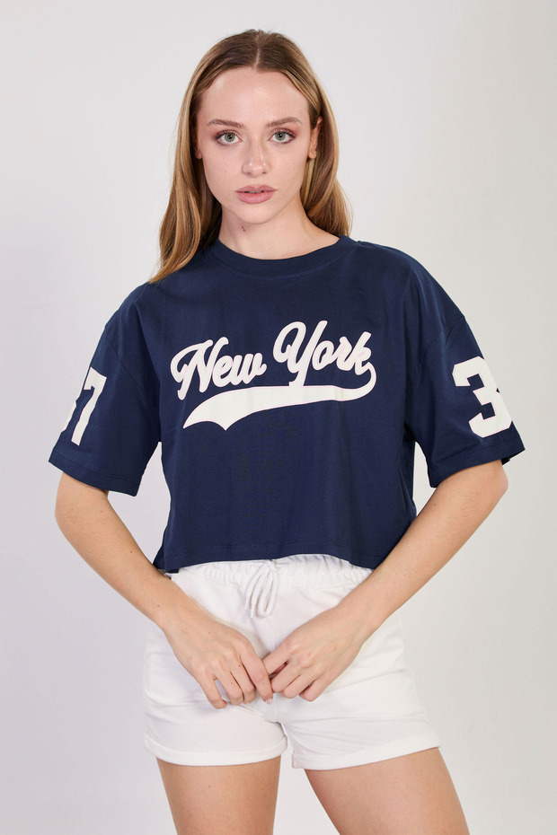 Women's New York Printed Crop T-Shirt - Navy Blue