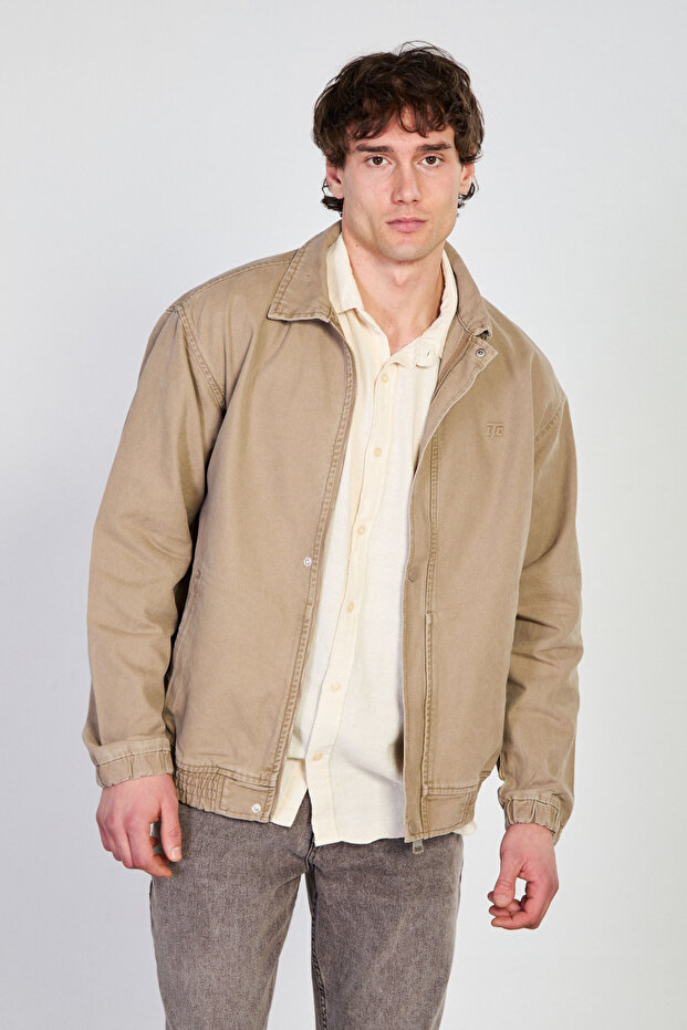 Men's Polo Collar Jacket with Snap Fasteners and Elastic Waist - Mink