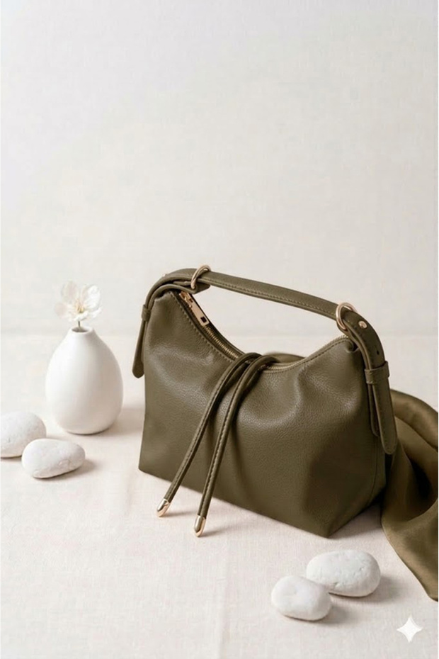 Dark Khaki Soft Faux Leather Baguette Bag with Gold Detail