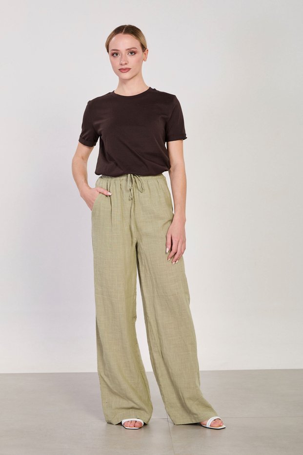 Women's linen wide-leg pants with tie waist - olive