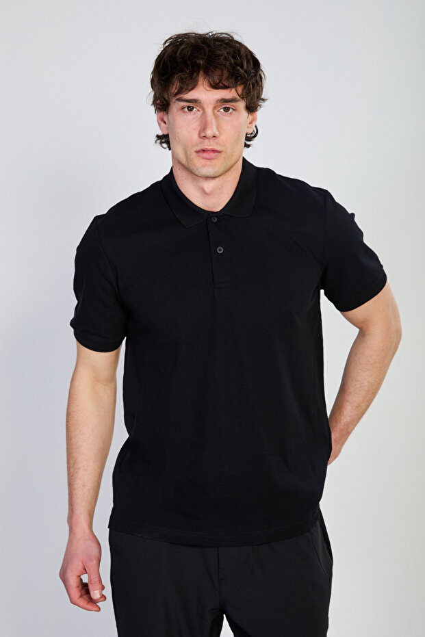 Men's Polo Neck Pique T-Shirt - Black