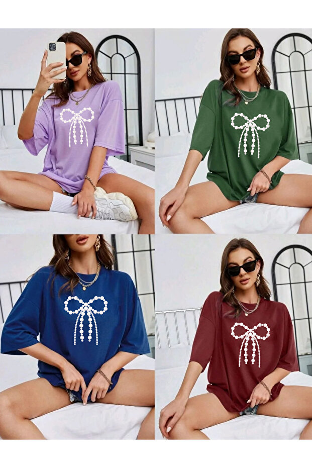 Pearl Ribbon Printed 4-Pack Oversize Crew Neck Short Sleeve Women's Tshirt