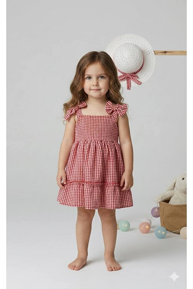 فستان صيفي نحيف منقوش/مسطح مع فيونكة (مع قبعة هدية) - مقاس ضيق