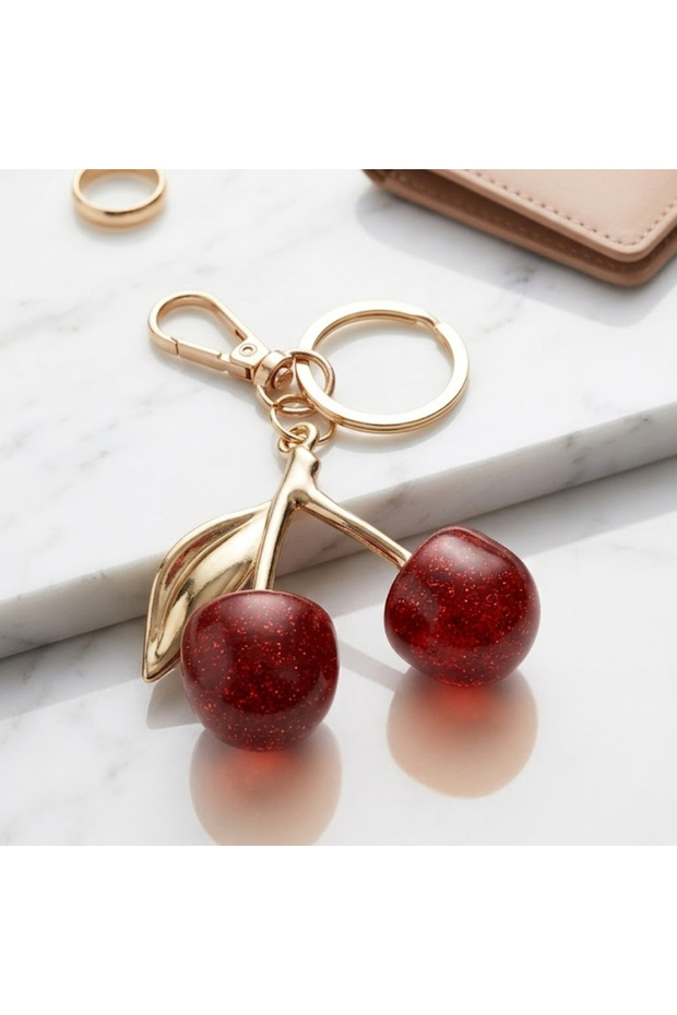 Premium Cherry Design Bag Accessory and Keychain - Glitter Red