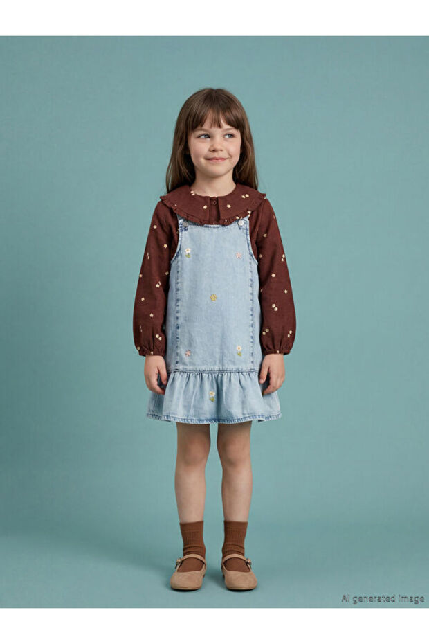 I Kare Roba Collar Embroidered Girls' Jean Salopet Dress from Freezen Store