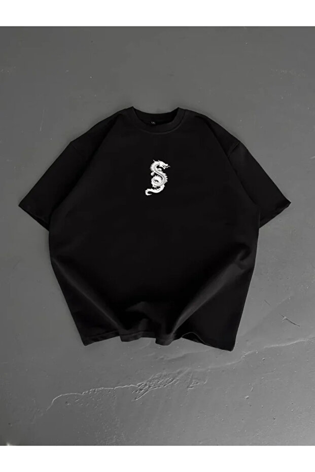 Printed Oversize Crew Neck T-Shirt - Black