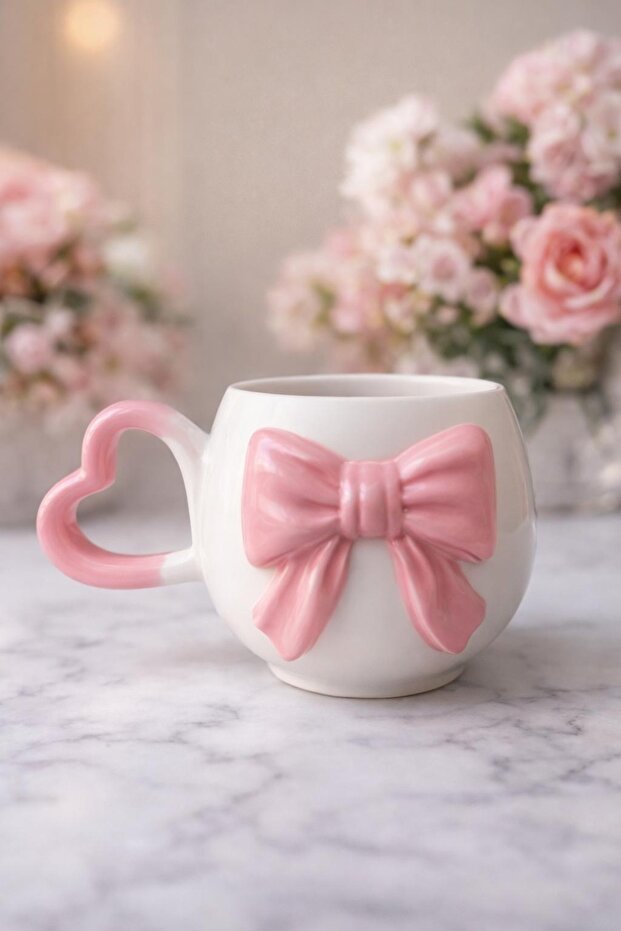 Heart Handle 3D Pink Bow D Patterned Special Embossed Fully Handmade Ceramic Mug