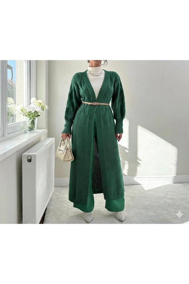 Beltless Patterned Long Winter Premium Knitwear Cardigan 100% Acrylic