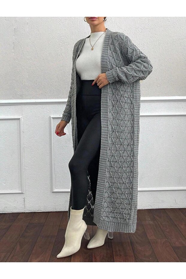 Triko Long Cardigan Winter Patterned %100 Acrylic