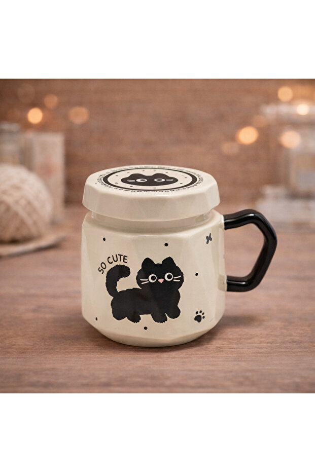 Cat Printed Ceramic Mug with Lid Kawaii Design Coffee Cup Gift Office