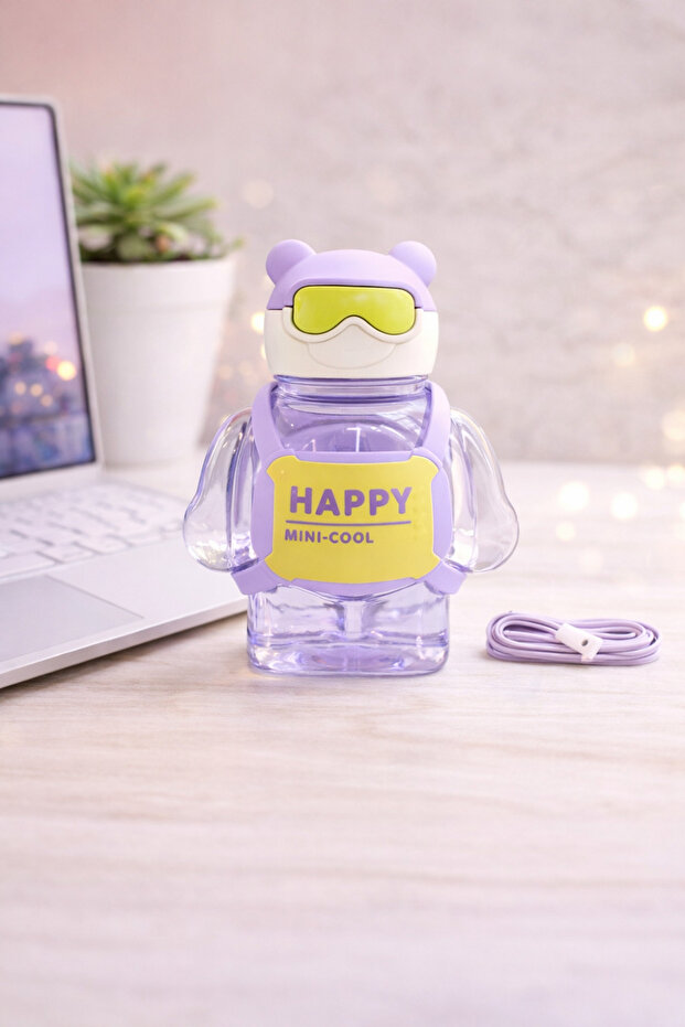 Cute Teddy Bear Design Straw Water Bottle Children's Tritan Bottle with Strap Kawaii Model