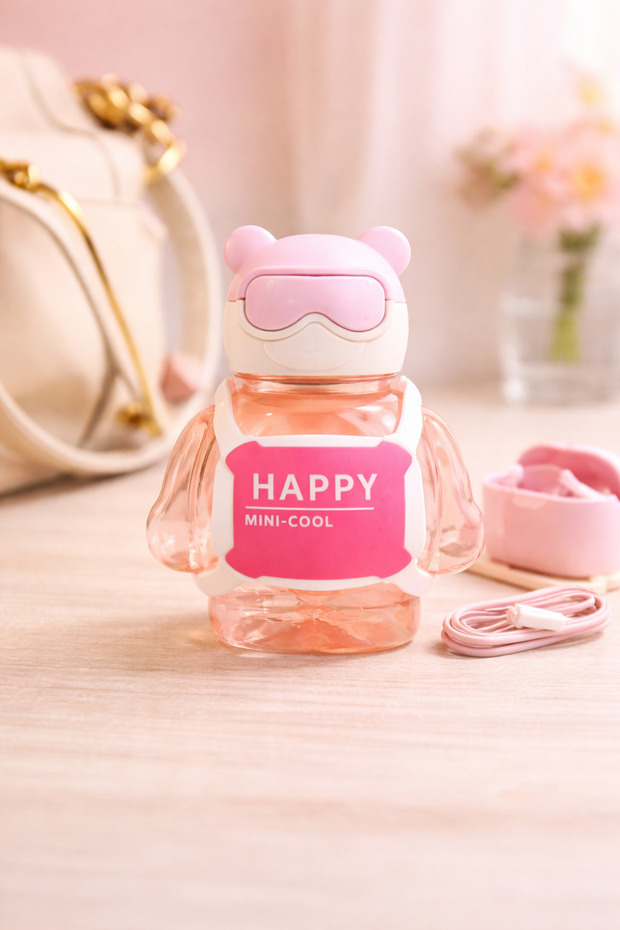Cute Teddy Bear Design Straw Water Bottle Children's Tritan Bottle with Strap Kawaii Model