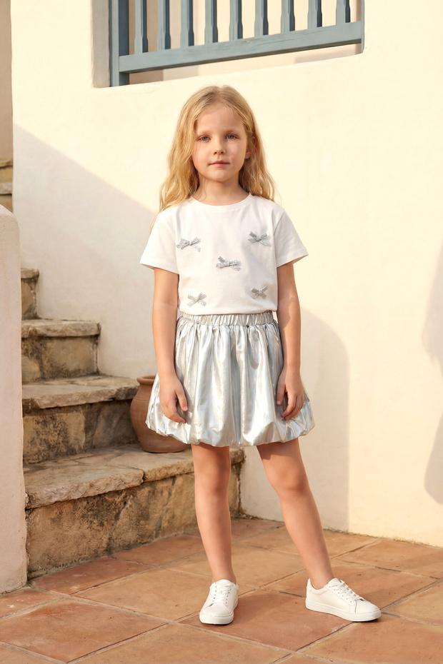 Girl's Top and Bottom Set Summer Shiny Silver Hologram with Balloon Skirt