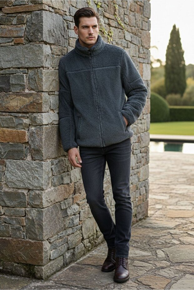 Men's Full-Length Zippered Plush Fleece Sweatshirt / Gray - Black