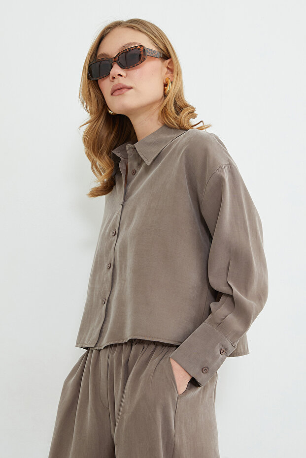 Basic Düğmeli Salaş Crop Gömlek - 6