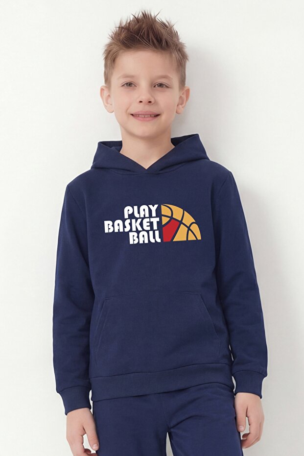 Hooded Print Detailed Boys' Sweatshirt with Kangaroo Pocket