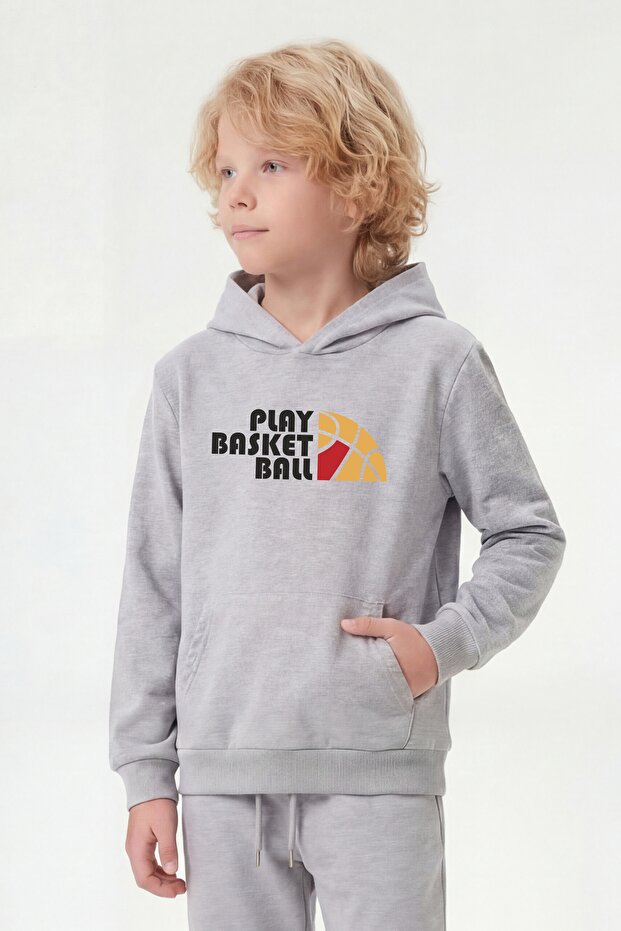 Hooded Print Detailed Boys' Sweatshirt with Kangaroo Pocket