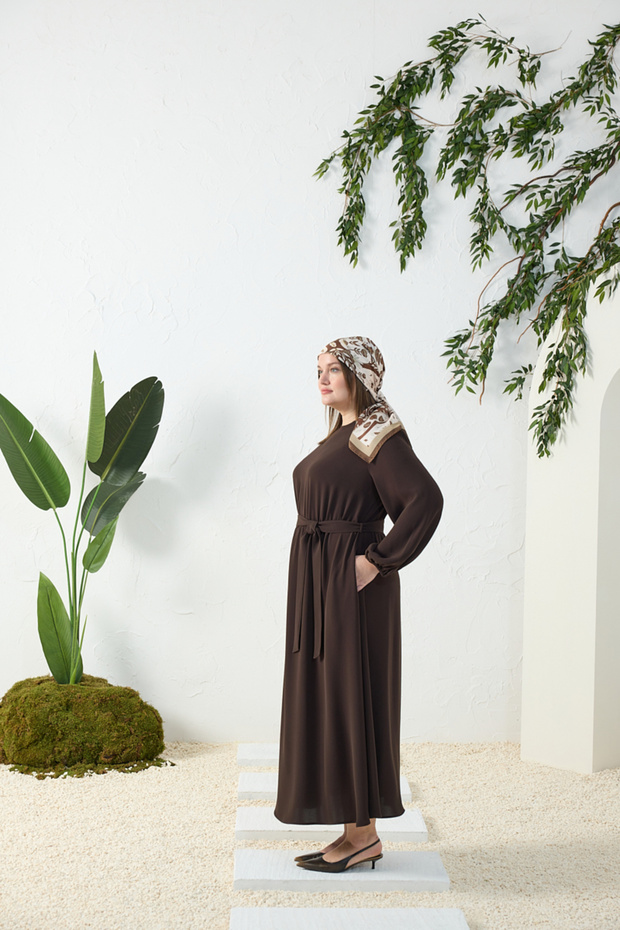 Brown Dress with Elastic Detail at Waist and Cuff
