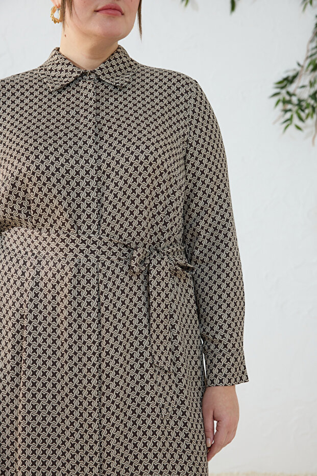 Brown Patterned Belted Dress - 5