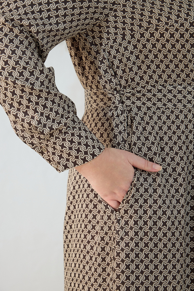 Brown Patterned Belted Dress - 6