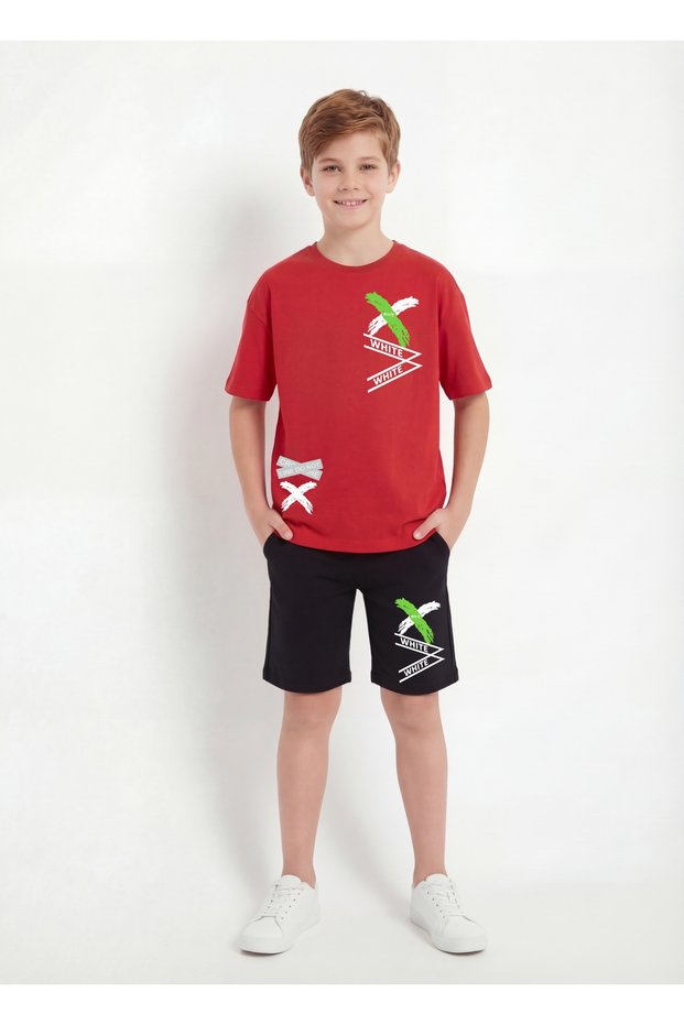 X Print Detailed Round Neck Summer Boys' Top and Bottom Set