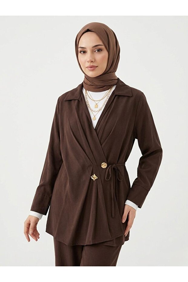 Double Buttoned Lace-Up Tunic-Brown - 1