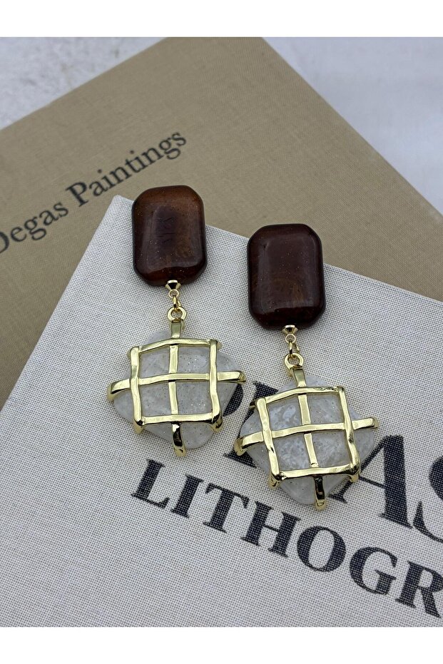 Gold Color Brown White Cage Detailed Natural Stone Look Earrings