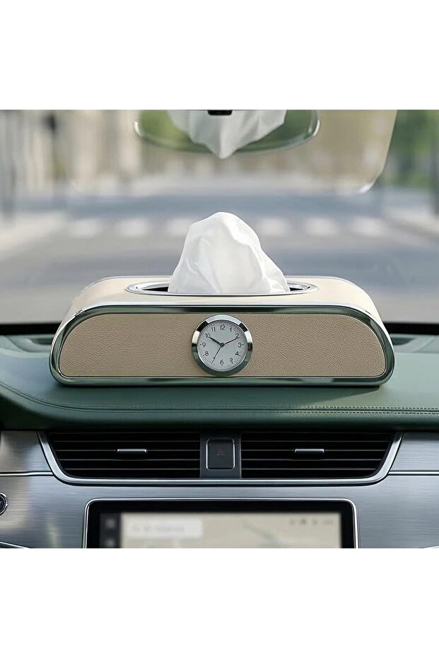 Car Tissue Box Holder with Clock – PU Leather Dashboard Tissue Dispenser