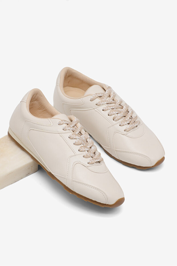 Women's Beige Leather Rubber Sole Breathable Lace-Up Sneaker