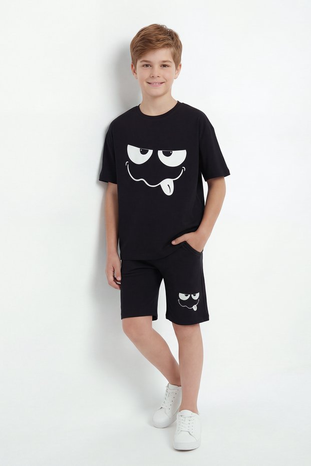 Cute Emoji Print Detailed Capri Round Neck Summer Boys' Top and Bottom Set