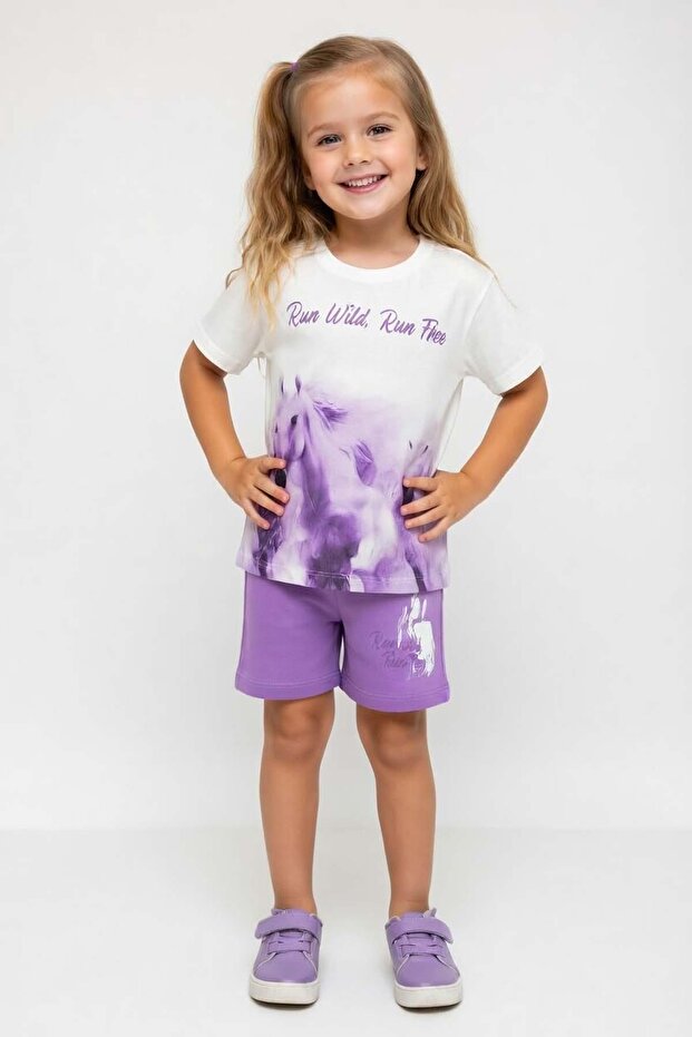 Girl's Run Wild Text and Horse Print Lilac Shorts Set
