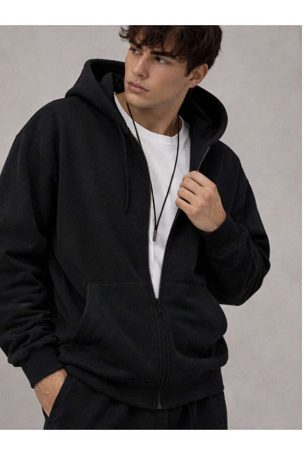 Men's Black Hooded Zippered Oversized Sweatshirt Jacket Cardigan