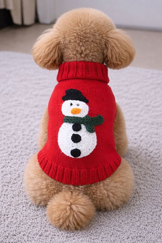 Red Hand Knitted Dog Sweater with Snowman Figure