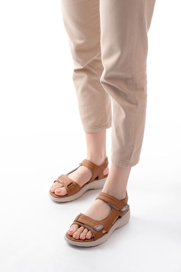 Zri̇n-363 Premium Tan Baretli Velcro Stitched Daily Women's Sandals