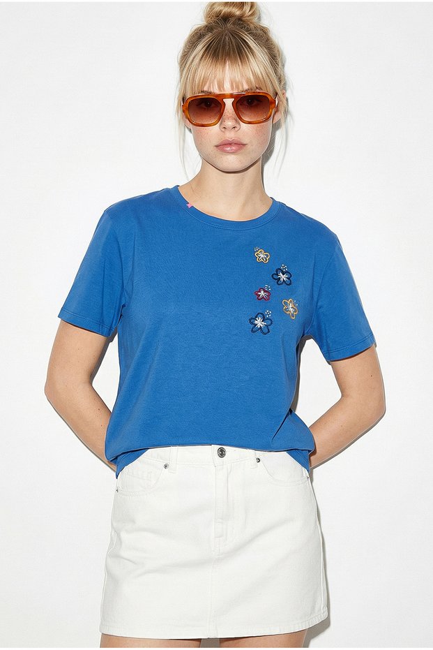 Women's Sky Blue 100% Cotton Premium Design T-Shirt with Handcrafted Floral Embroidery Detail 1005 60282050