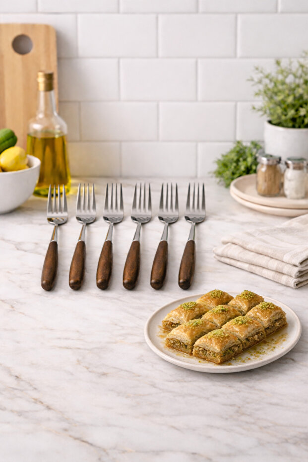 6 Pieces Stainless Steel Dessert Forks Fruit Forks with Acacia Handle