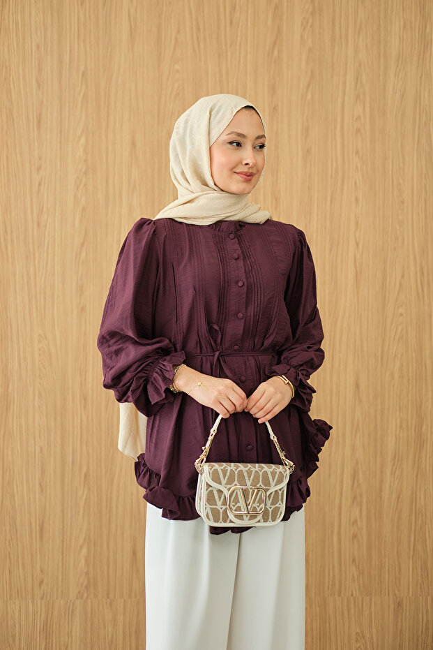 Women's Ribbed Front Tie-Waist Shirt Burgundy