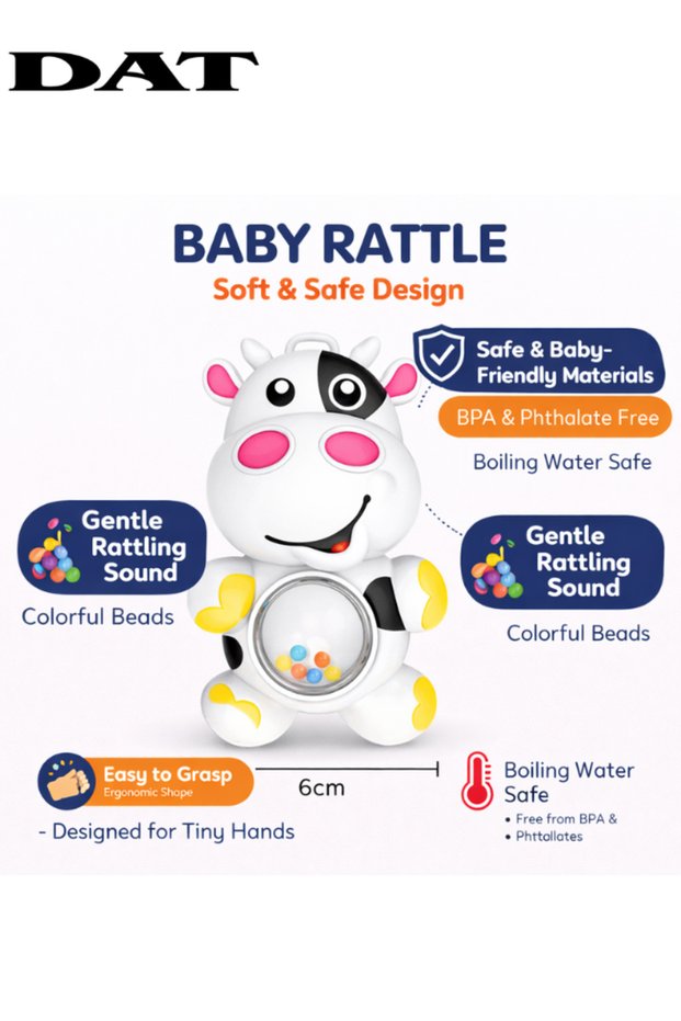 Baby Rattle Cow Toy with Colorful Beads, Gentle Rattling Sound, BPA & Phthalate Free,