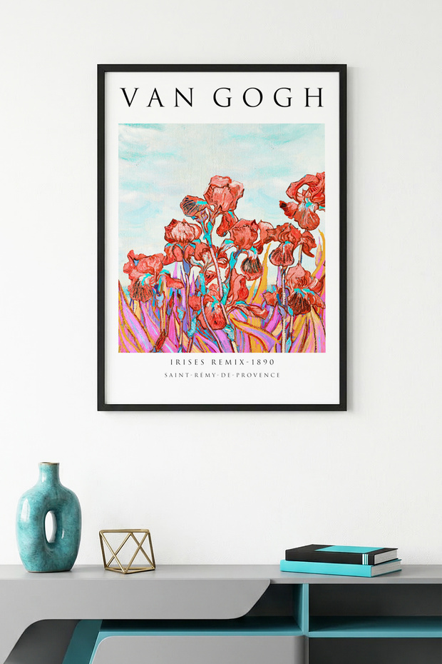 Black Wooden Framed Flower Patterned Painting - Vibrant Tones | Huhu1155 - Single Table Black Frame