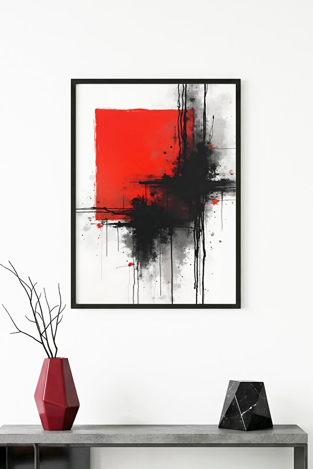 Natural Wood Framed Abstract Red Patterned Painting - Vibrant Tones | Huhu1240