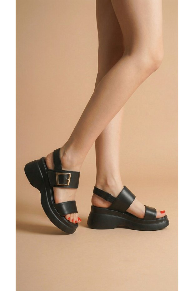 High Platform Wedge Heel Double Ribbon Buckle Detailed Skin Summer Women's Sandals Shoes