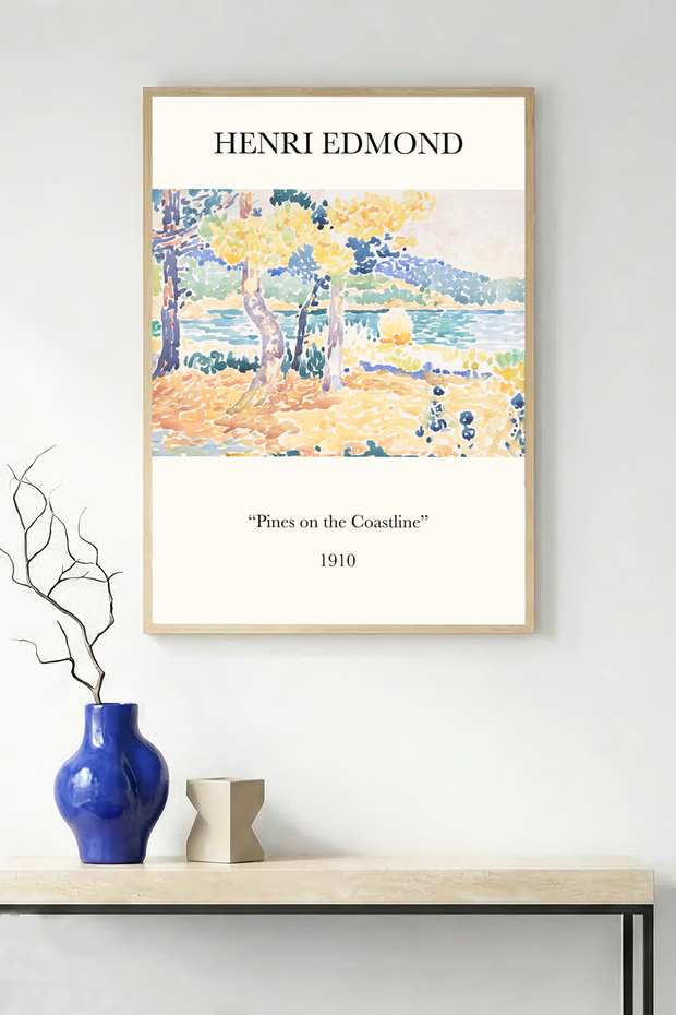 Natural Wood Framed Abstract Nature Landscape Painting - Vibrant Tones | Huhu1151 - Single Table Natural Wood Frame