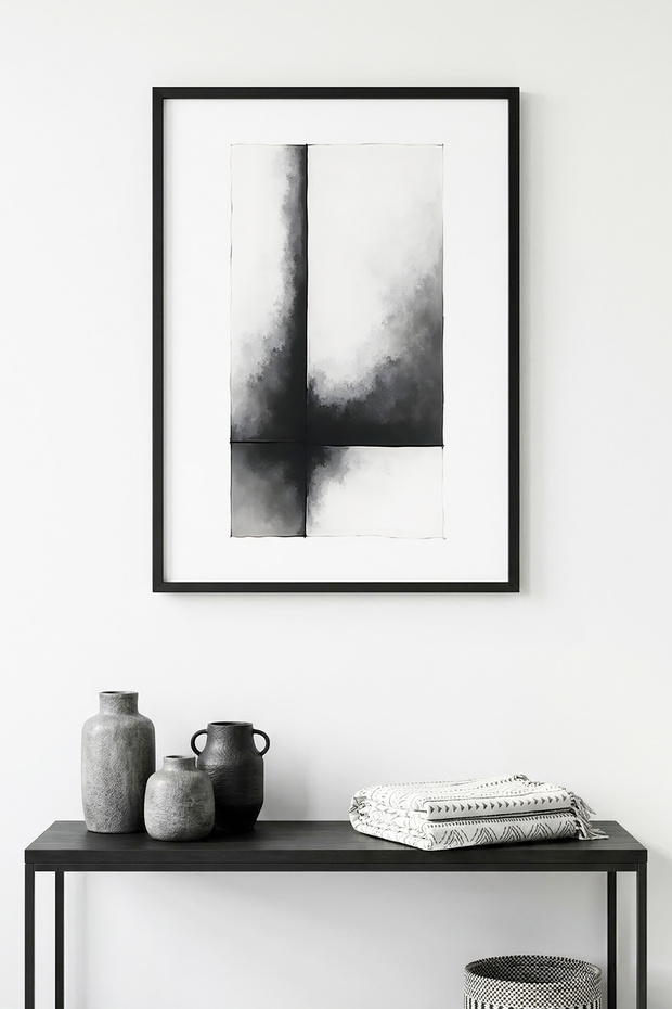 Black Wooden Framed Abstract Minimalist Painting - Black-White | Huhu1209 - Single Table Black Frame