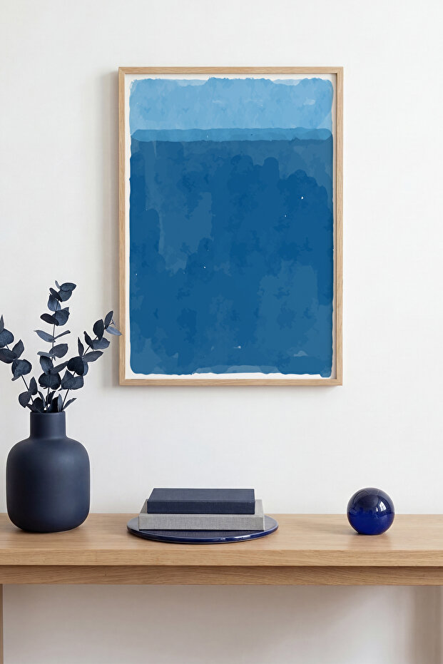Natural Wood Framed Abstract Blue Patterned Painting - Vibrant Tones |   Huhu1392