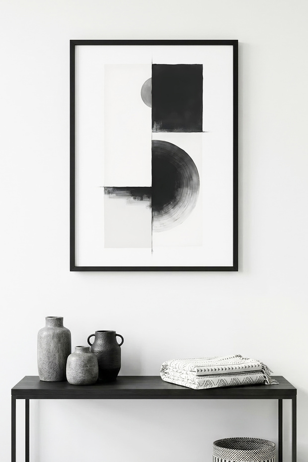 Natural Wood Framed Geometric Black-White Patterned Painting - Minimal | Huhu1228