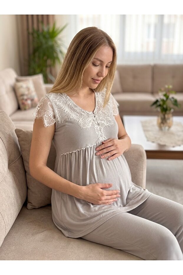 New Season Gray Elegant Lace Detailed Summer Buttoned Short Sleeve Design Maternity Pajama Set